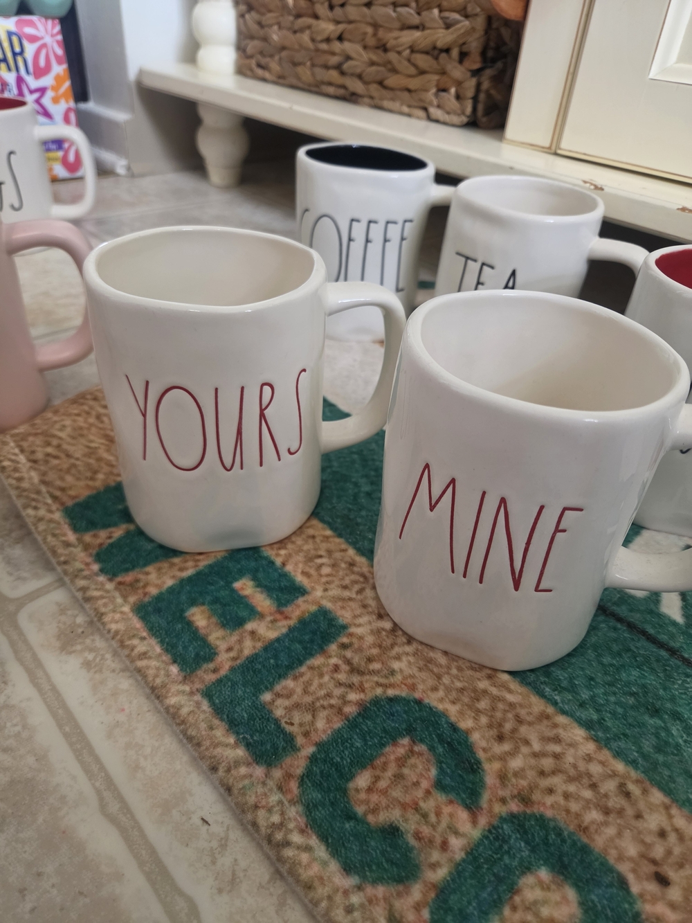 Rae Dunn White MINE & YOURS Red Lettered Ceramic Mugs